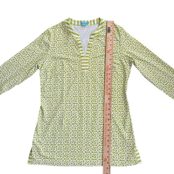 J McLaughlin Catalina Cloth Top Green White‎ Geometric 3/4 Sleeve Size Large - Picture 4 of 8